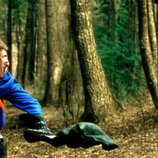 Image similar to man wearing blue hood kicking a witch in a forest, 1 9 9 1, movie still