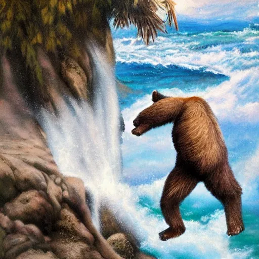 Prompt: hyperrealist bear surfing