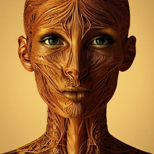 Prompt: beatifull frontal face portrait of a woman, 1 5 0 mm, flesh, flowers, veins, arteries, symmetric, intricate, golden ratio, full frame, microscopic, elegant, highly detailed,, ornament, sculpture, elegant, luxury, beautifully lit, ray trace, octane render in the style of peter gric, alex grey and romero ressendi