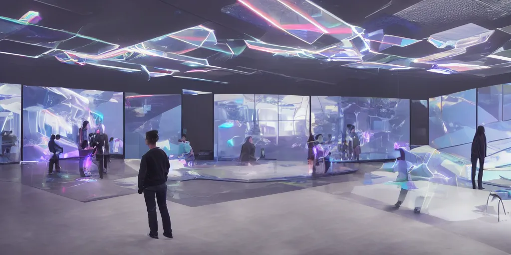 Image similar to stunning futuristic AI lab, projection screens, immersive graphics, holograms, dark room, people using HoloLens