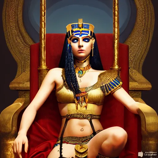 Image similar to Cleopatra on her throne, beautiful eyes, full body, fantasy, beautiful face, medieval, vivid colors, elegant, concept art, sharp focus, digital art, Hyper-realistic, 4K, Unreal Engine, Highly Detailed, HD, Dramatic Lighting by Brom, trending on Artstation