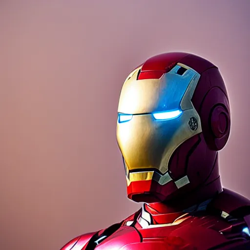 Prompt: Iron Man helmet standing on the debris of an apartment, dusty, broken, post-apocalyptic, mist