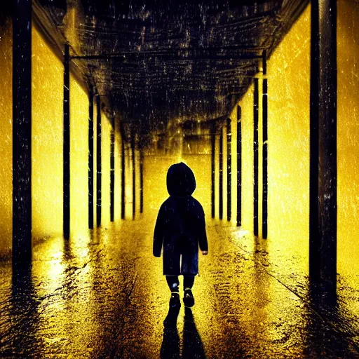Prompt: A small child a yellow rain coat walking alone in a dark alley,it is raining heavily, scary atmosphere,gloomy lighting, digital art , highly detailed , high contrast, beautiful lighting, award winning , trending on art station, 8k, photo realistic