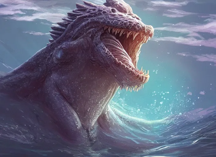 Image similar to a majestic water-dwelling creature with a cute smiling face, creature rising through the surface of the water, lake and sea beast, digital painting, masterpiece, 4k wallpaper, fantasy creature design by Moebius and Hayao Miyazaki, beautiful, gorgeous, artstation