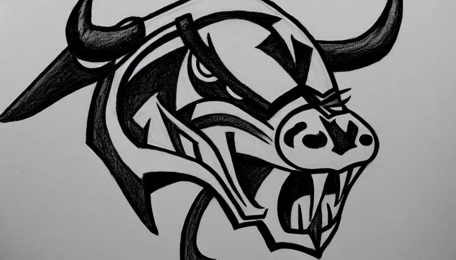 Image similar to pencil sketch!!! of a stylized angry bull head, symbol, sports logo!!!