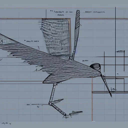 Image similar to blueprint of a flying bird - like robot with cameras for eyes.