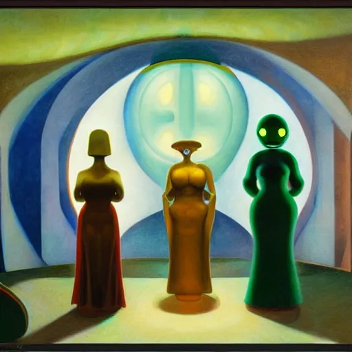 Image similar to three biomorphic robotic seers watchers oracles soothsayers with glowing eyes, inside a dome, pj crook, grant wood, edward hopper, syd mead, chiaroscuro, oil on canvas