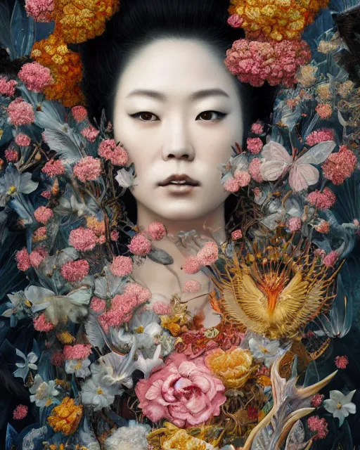 Image similar to portrait of the japanese queen of the underworld, surrounded by flowers by karol bak, james jean, tom bagshaw, rococo, sharp focus, trending on artstation, cinematic lighting, hyper realism, octane render, 8 k, hyper detailed.