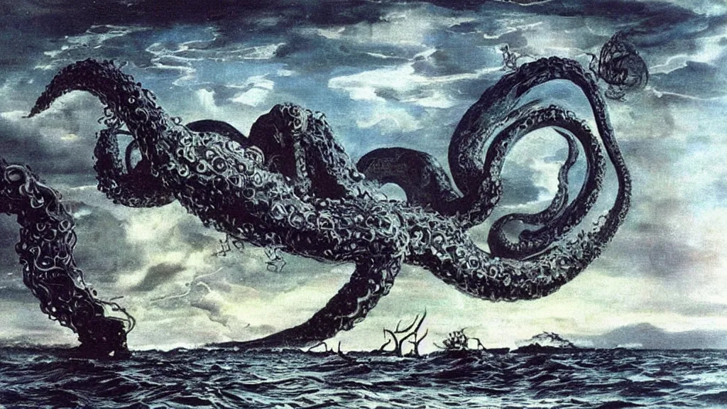 Prompt: a giant kraken emerges from the ocean on a beautiful dark night, flashes of lightning and fire, extraodinary masterpiece!!!!!!, by Salvador Dali