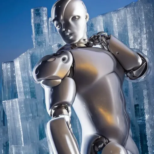 Image similar to made of ice, a realistic detailed photo of a guy who is an attractive humanoid who is half robot and half humanoid, who is a male android, on display, blank stare, showing off his muscles, shiny skin, posing like a statue, by the pool, frozen ice statue, twitch streamer / gamer ludwig, humanoid robot