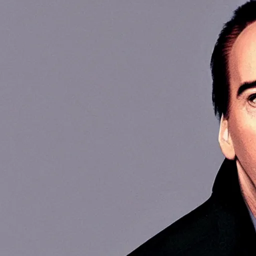 Image similar to A still of Nicholas Cage. Medium shot. He's smiling and looking into the camera.