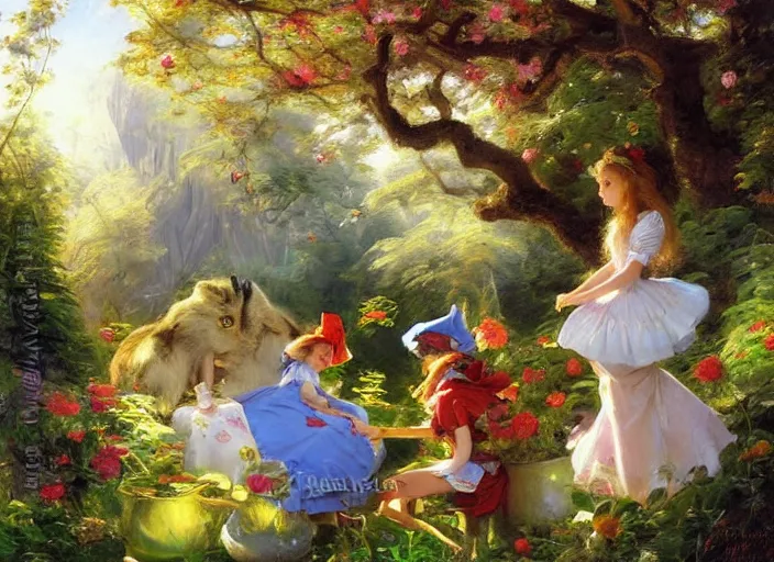 Image similar to alice in the wonderland by vladimir volegov and alexander averin and peder mørk mønsted and pierre auguste cot and raphael lacoste