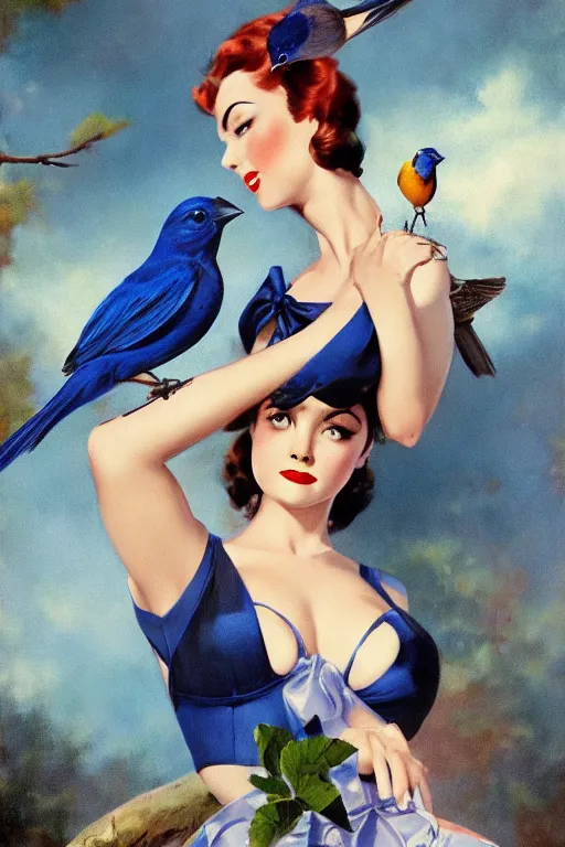 Image similar to pinup girl holding an indigo bunting, bird, the bird is wearing a bowtie, by greg rutkowski, rossdraws, gil elvgren, enoch bolles, anime, porcelain skin, very coherent