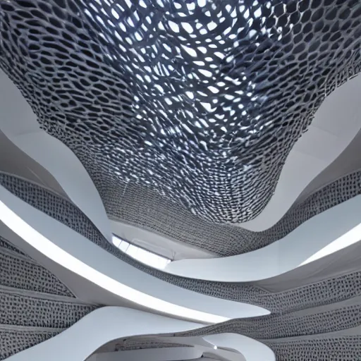 Prompt: stunning beautiful futuristic museum interior by Zaha Hadid, smooth curvilinear dragonfly wings pattern