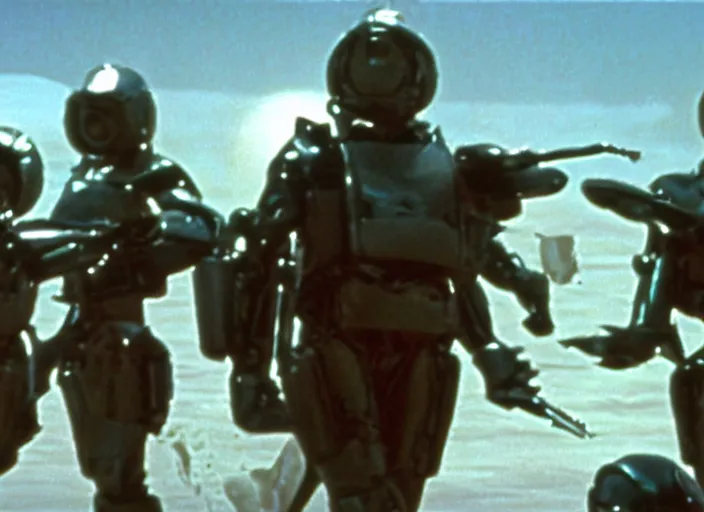 Image similar to still from a 1 9 8 0 s sci - fi movie directed by paul verhoeven and george miller