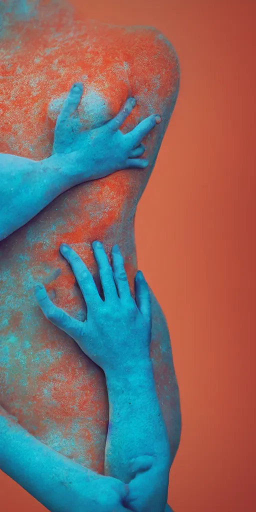 Image similar to a blurry closeup picture of skin gripped tightly, human bodies, hands, macro photography, long exposure photograph, surrealism, anamorphic bokeh, orange and cyan lighting, cinematic