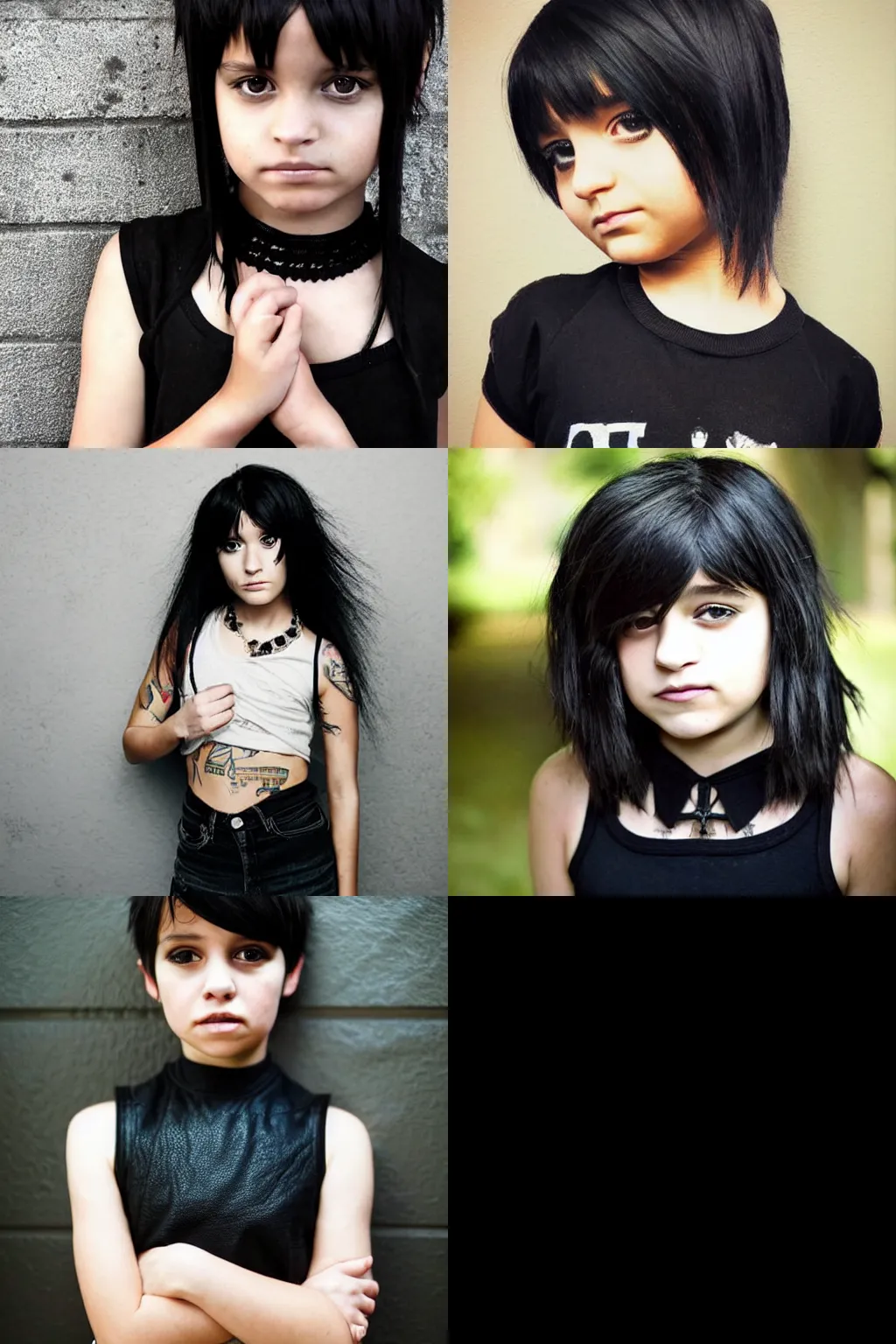 Prompt: an emo portrait by lilia alvarado. her hair is dark brown and cut into a short, messy pixie cut. she has a slightly rounded face, with a pointed chin, large entirely - black eyes, and a small nose. she is wearing a black tank top, a black leather jacket, a black knee - length skirt, and a black choker..