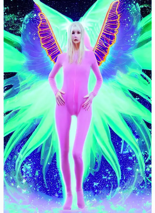 Prompt: a glowing skinny onesie suited angel spirit being, covered with pastel glitter glue slime, fashion model pose, full body maximalist cosmic eldritch character design, early computer graphics