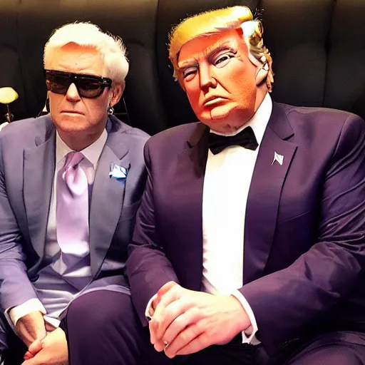 Image similar to donald trump sitting next to a roll's royce, gta 5 artwork, gold chain necklace, purple suit