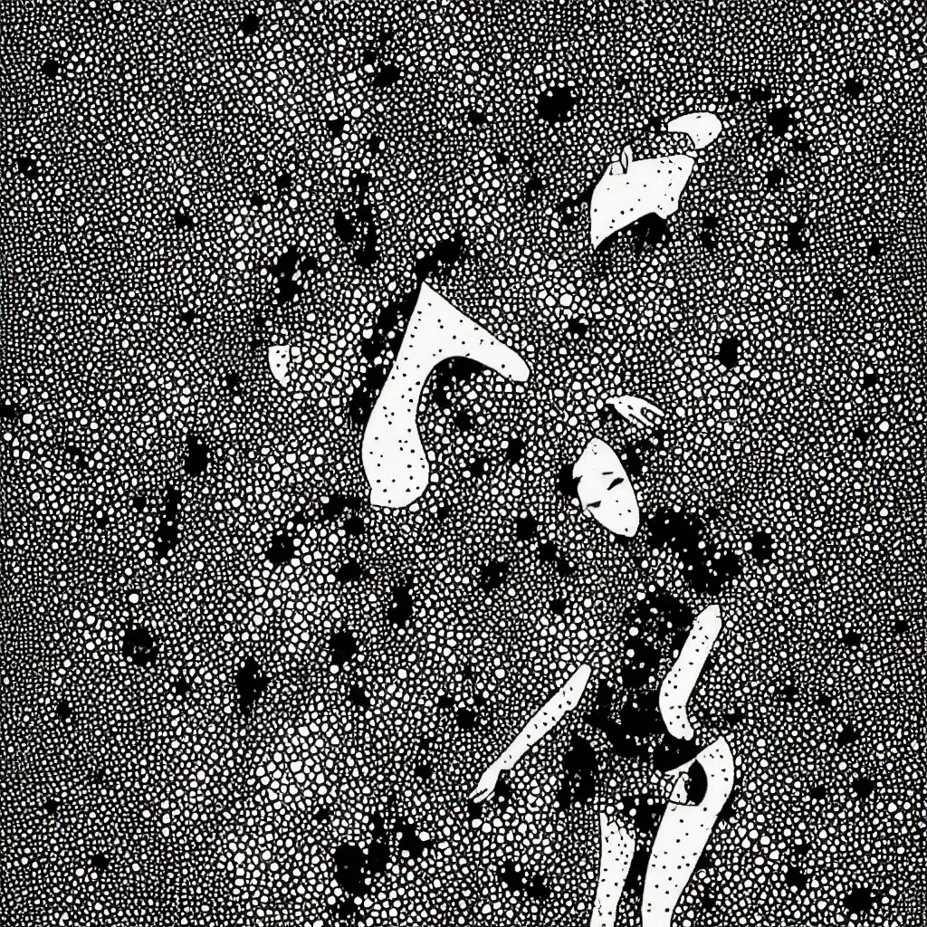 Image similar to woman, abstract, jet set radio artwork, ryuta ueda artwork, hylics artwork, ink, spots, asymmetry, stipple, lines, stippling, crosshatching, linework, pitch bending, dark, ominous, eerie, hearts, minimal, points, technical, natsumi mukai artwrok, tight