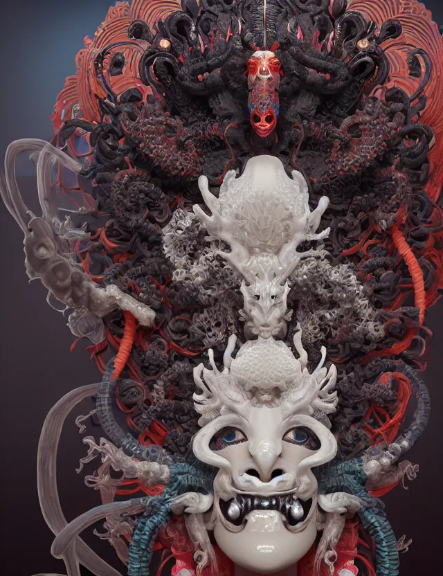 Image similar to 3 d goddess of hell close - up profile portrait with ram skull. beautiful intricately detailed japanese crow kitsune mask and clasical japanese kimono. betta fish, jellyfish phoenix, bio luminescent, plasma, ice, water, wind, creature, artwork by tooth wu and wlop and beeple and greg rutkowski