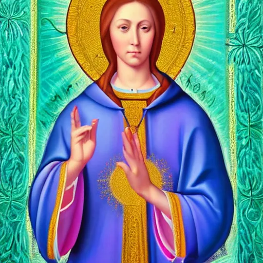 Prompt: Renaissance portrait of a holy catholic female saint, trending on art station, 4k UHD, 8k, painting illustration, high detail by Lisa Frank