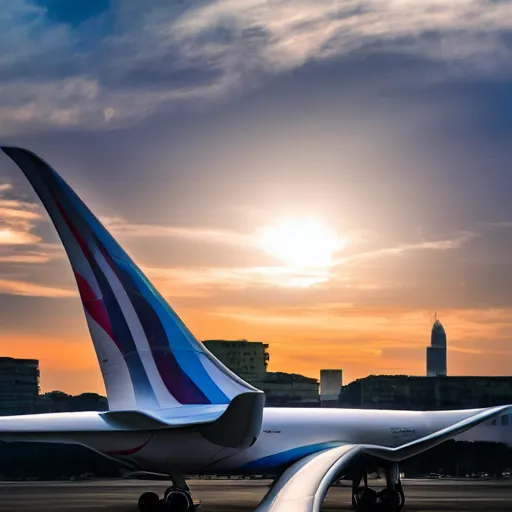 Image similar to an airplane designed by boeing and zaha hadid, dramatic lighting, sunrise, bokeh