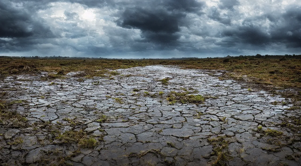 Prompt: Massive raindrops falling into dried up river on dead land, hyper detailed photorealistic, dramatic lighting, global warming, blue sky