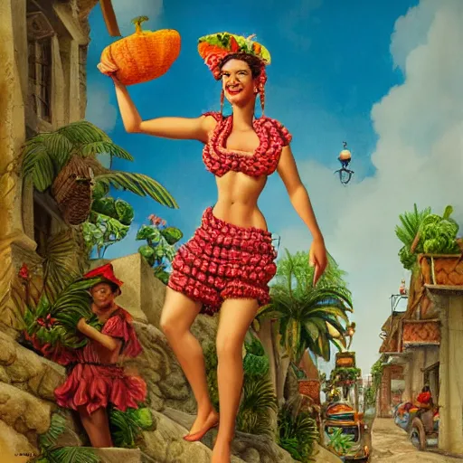 Prompt: carmen miranda, a detailed matte painting by anton pieck, deviantart contest winner, concept art, official art, matte drawing