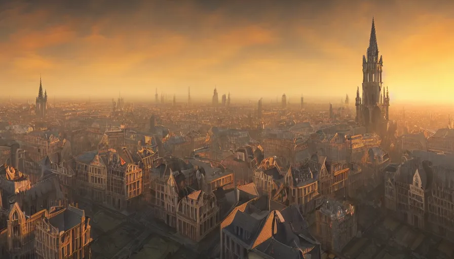 Prompt: Digital painting of Neo-Gothic Brussels at sunrise, wide angle, volumetric light, hyperdetailed, artstation, cgsociety, 8k