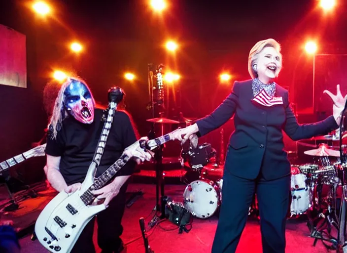 Image similar to publicity photo still of hillary clinton in a death metal band playing live on stage, 8 k, live concert lighting, mid shot