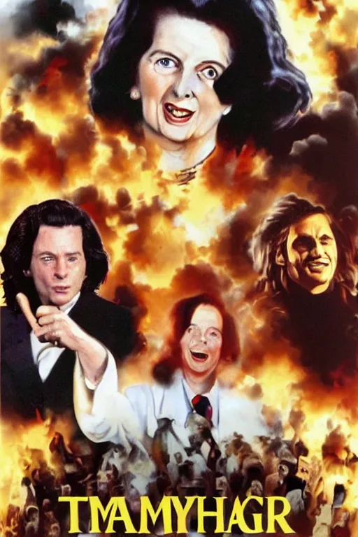 Image similar to margaret thatcher and tommy wiseau, ghanaian movie poster, highly detailed, olive garden, explosions, pasta, high octane render, hd, realism