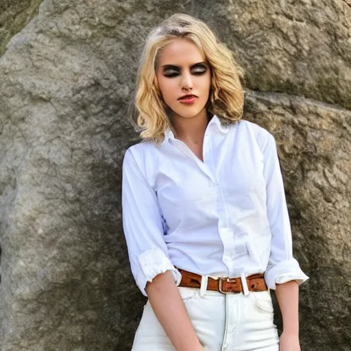 Prompt: A portait of a beautiful blonde 27 year old woman wearing white shirt and blue jeans outside in nature by Mahmoud Sa'id, vibrant color scheme , realistic, Beautiful, majestic, beauty, stunning