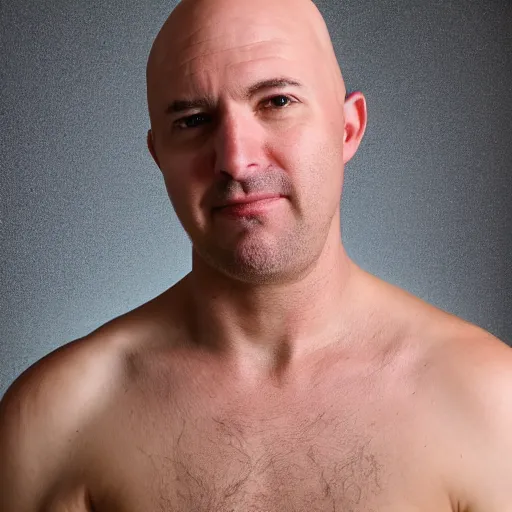 Prompt: a bald man with patchy peachfuzz and round nose in a tanktop studio photo, high resolution, detailed, nice lighting