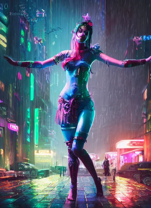 Image similar to An epic fantasy comic book style full body portrait painting of a very beautiful cyberpunk Hula Dancer in the rain, neon reflections in the rain puddles, character design by Mark Ryden and Pixar and Hayao Miyazaki, unreal 5, DAZ, hyperrealistic, octane render, cosplay, RPG portrait, dynamic lighting, intricate detail, cinematic