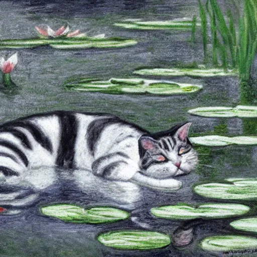 Image similar to a white and grey tabby cat, with a black and grey striped head and a white mouth, stretching on a lilypad floating on a lake, in the style of Water Lilies painting by Monet