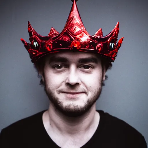 Image similar to man with a crown, smirk, photograph, black backgrounds, glowing red eyes, sharp, handsome