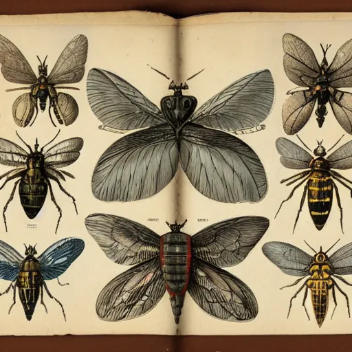 Prompt: 1 9 th century zoological illustration of multiple winged insects