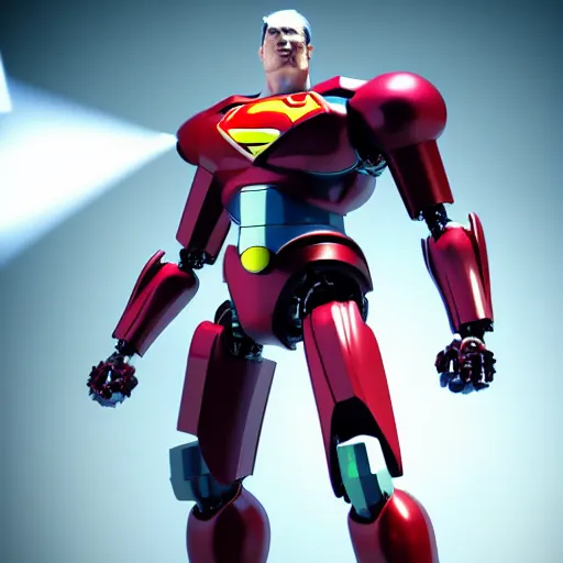 Image similar to still photo of mecha - superman, highly detailed, photorealistic portrait, bright studio setting, studio lighting, crisp quality and light reflections, unreal engine 5 quality render