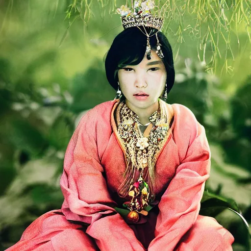 Prompt: photography of the asian queen sitting in the flower thorn, beautiful face, masterpiece costume, jewellery, high quality, elegant, emotionally touching, cool, deep gaze, mystery, tenderness rehahn style