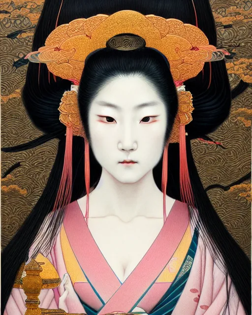 Image similar to portrait of a beautiful japanese goddess, unusual beauty, esoteric, muted colors, head in focus, fantasy art, ornamental aesthetics intricate, elegant, highly detailed, uhd, hyperrealistic painting, artstation, concept art, painterly, sharp focus, illustration, art by chie yoshii