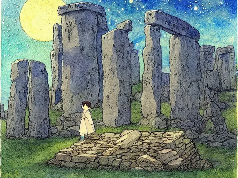 Image similar to a simple watercolor studio ghibli movie still fantasy concept art of a giant wizard playing in a tiny stonehenge. it is a misty starry night. by rebecca guay, michael kaluta, charles vess