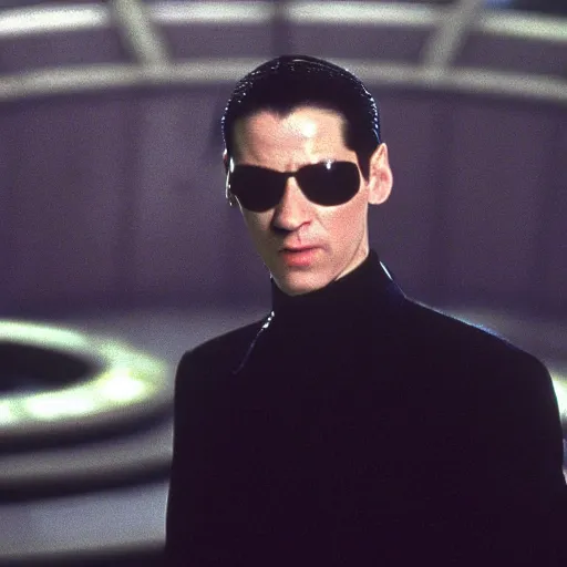 Image similar to a film still of gerard depardieux playing neo in matrix ( 1 9 9 9 ), 4 k, highly detailed, anamorphic