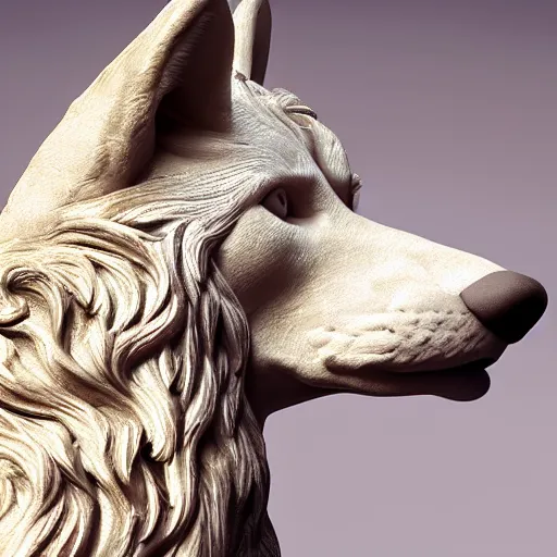 Prompt: side portrait of a wolf in the form of a greek sculpture in marble, with a gold crown, baroque elements in the background, museum. photorealistic. ultra detailed. flash. intricate artwork by miguel angel. octane render. cinematic. 4 k. bokeh.