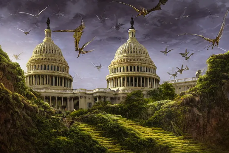 Prompt: an epic landscape view of vines and moss growing on the dome of the us capitol building, jungle, with pterosaurs flying, close - up, low angle, wide angle, atmospheric, volumetric lighting, cinematic, very realistic, sharp, highly detailed digital art, painted by tyler edlin