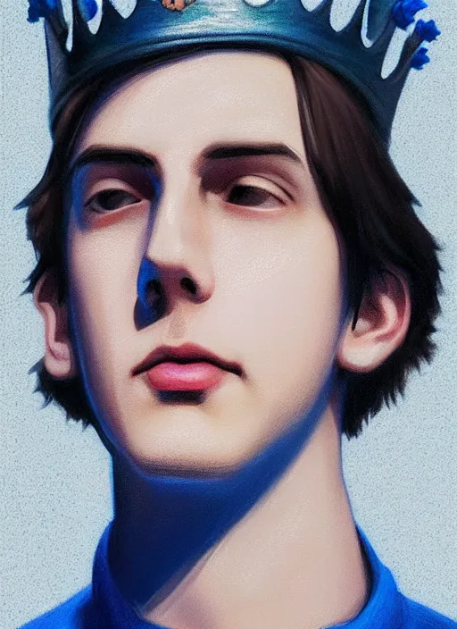 Image similar to portrait of teenage jughead jones wearing a light grey crown, crown, blue turtleneck, 1 9 5 0 s, closed eyes, photorealistic, black hair, glowing lighting, intricate, elegant, glowing lights, highly detailed, digital painting, artstation, concept art, smooth, sharp focus, illustration, art by wlop, mars ravelo and greg rutkowski