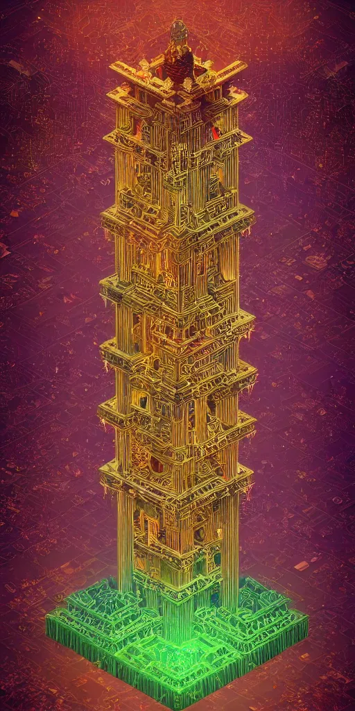 Prompt: photographic isometric bringer of glowing light and life, mystical, intricate #voxelart ornamental #magica voxel oriental tarot tower floral flourishes, technology meets fantasy, glass, copper, steel, emerald, diamond, amethyst, glass, map, infographic, poster, concept art, octane, 8k insane detail, fine detail, intricate detail, style of monument valley, wes anderson