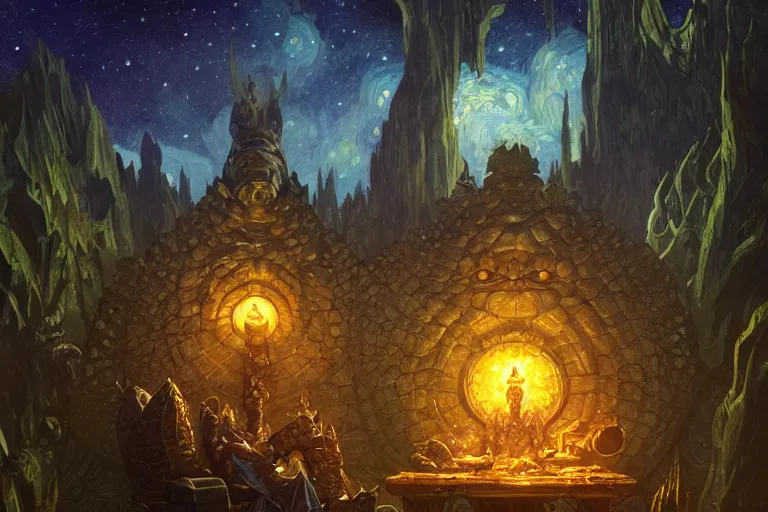 Prompt: crocodile god lair, starry night, deep focus, d & d, fantasy, intricate, elegant, highly detailed, digital painting, artstation, concept art, matte, sharp focus, illustration, hearthstone, art by artgerm and greg rutkowski and alphonse mucha