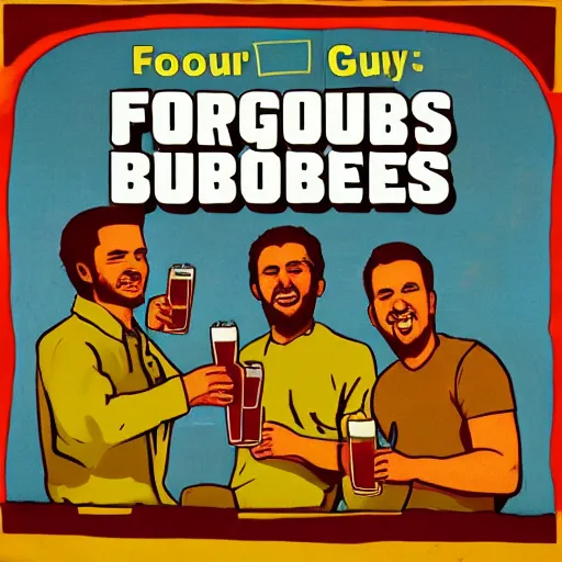 Image similar to album art cover of four guys barbecue and drinking beer