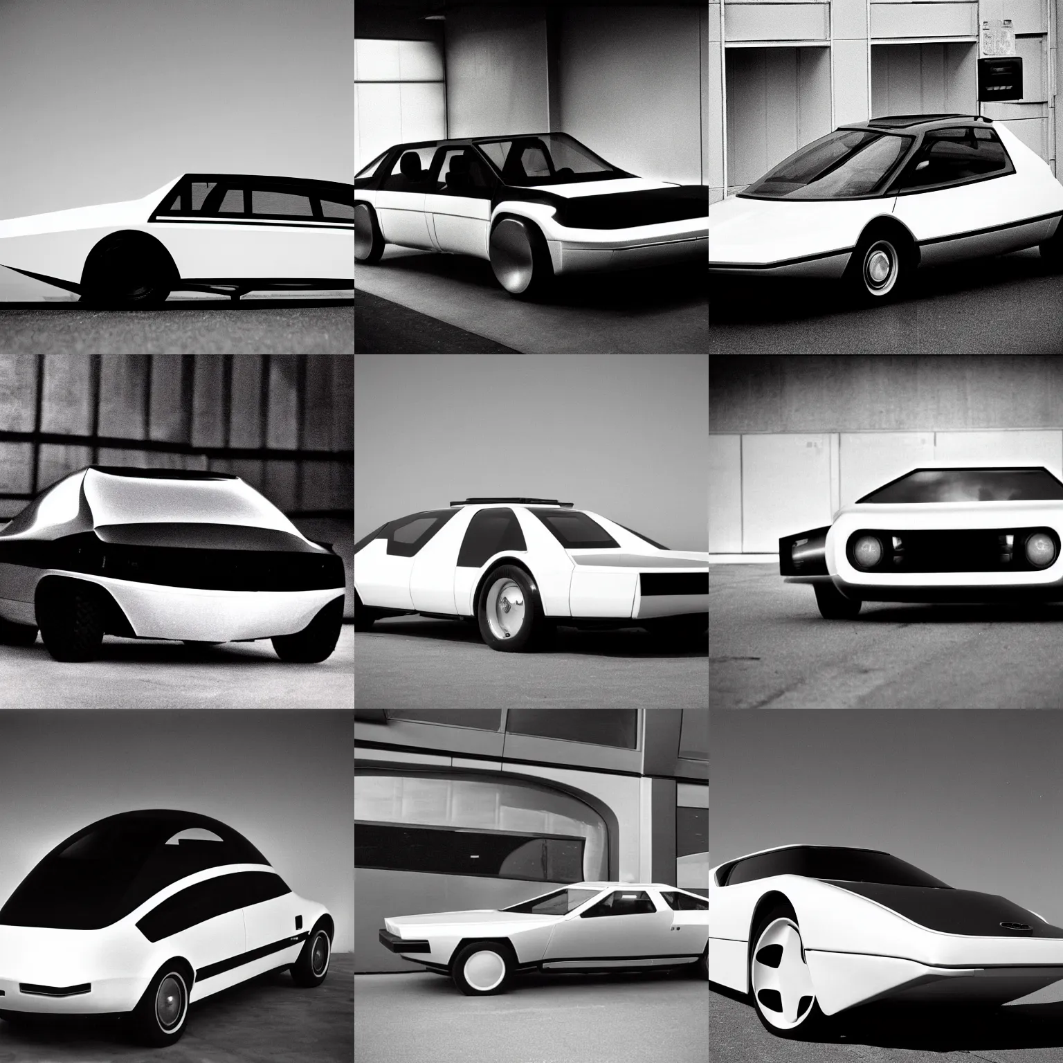 Prompt: A 1980s photography of a futuristic car, black and white, grainy